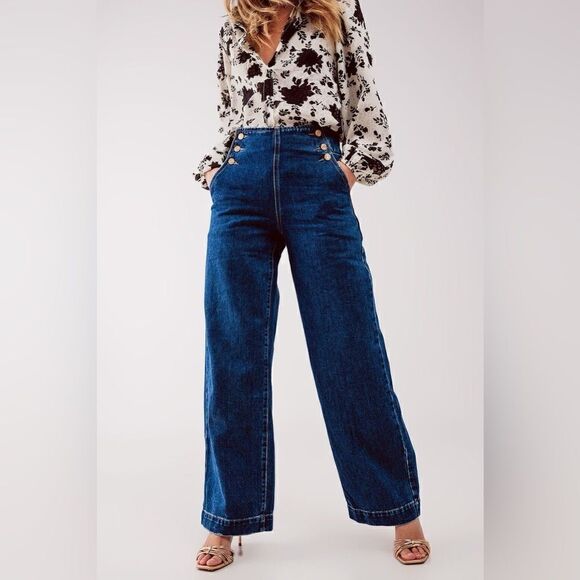 ❤️LAST ONE! BRAND NEW Q2 Medium Wash Denim Button Front Sailor Jeans - Picture 10 of 11